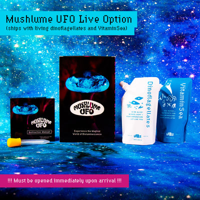 Mushlume UFO Live Option with bioluminescent dinoflagellates, VitaminSea to grow bioluminescent plankton, pipette, and instruction manual